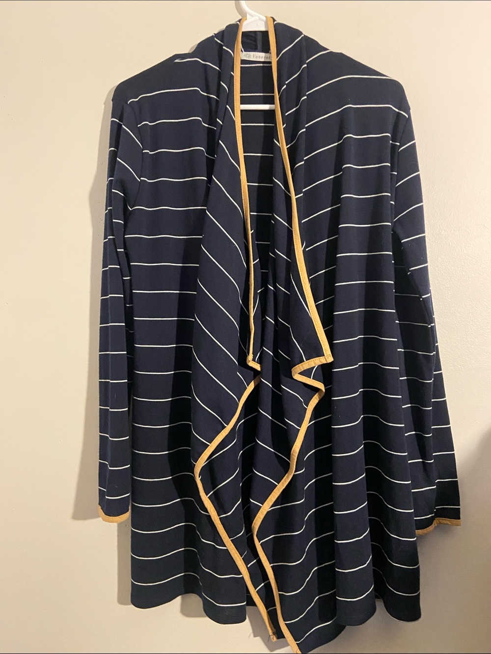 Striped Navy Open-Front Cardigan with Tan Trim